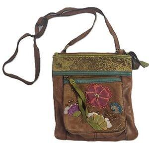 Fossil Crossbody Bag Floral Applique Brown Leather Boho Shoulder Purse